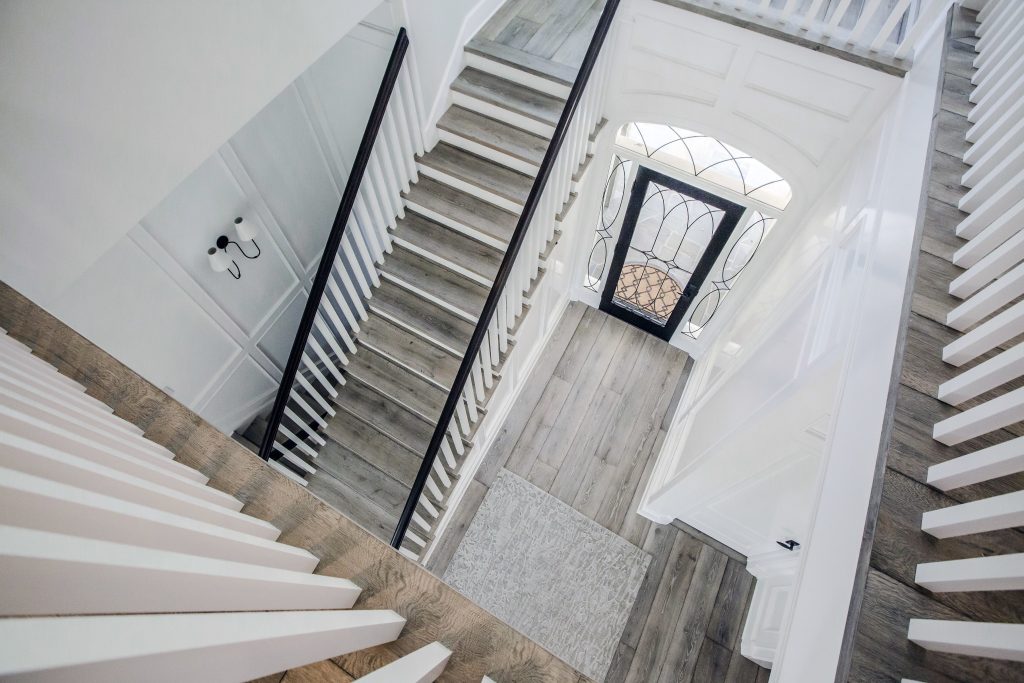 Overhead view of wood flooring stairs