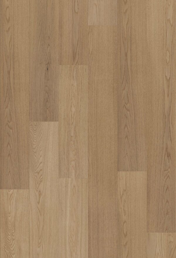 Wooden parquet floor with a natural oak pattern, featuring a mix of light and medium-toned planks arranged in a staggered layout.